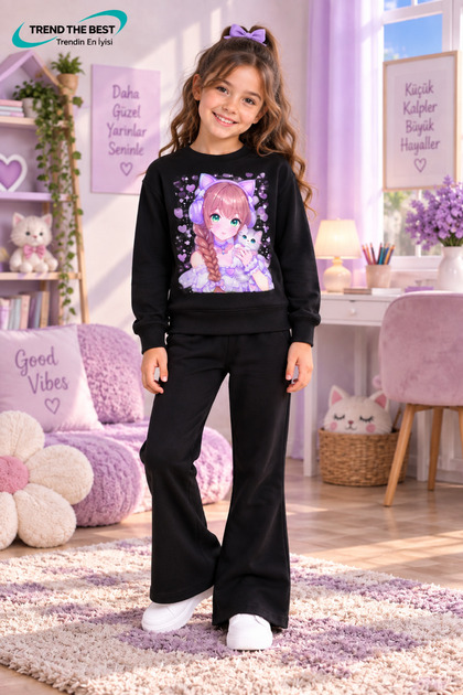 Winter, Spring, and Autumn Girls' Black Spanish Flared Bottoms and Black Sweat Top