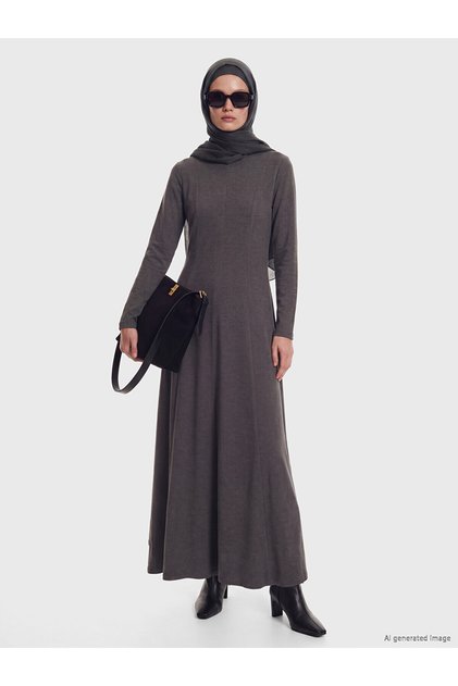 Two Mt Shop Quality Lcw Modest Gray Combed Cotton Plain Standard & Regular Oval Neck Long Dress