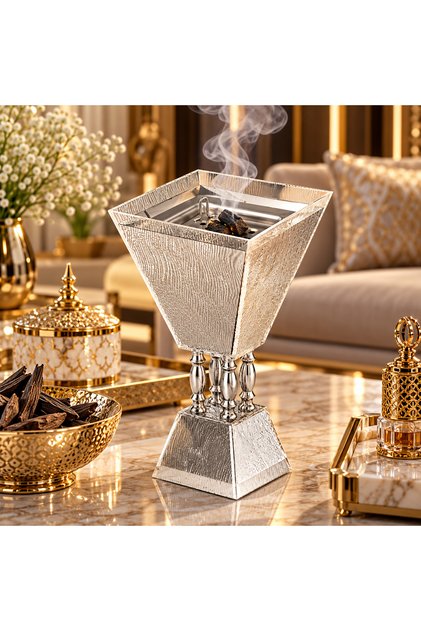 مبخرة بخور فضية فاخرة بتصميم هندسي مرتفع – ارتفاع 25 سم – قاعدة ثابتة وحوض علوي معدني