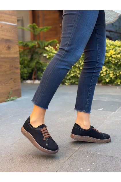 Black Nubuck Leather Elastic Women's Casual Shoes