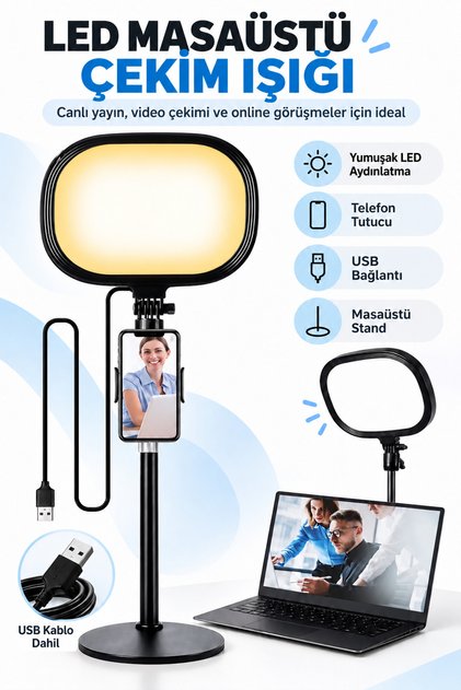 Telefon Tutuculu Tripod, Masaüstü Açısı Ayarlanabilir Metal, Canlı Yayın ve Stüdyo Işığı