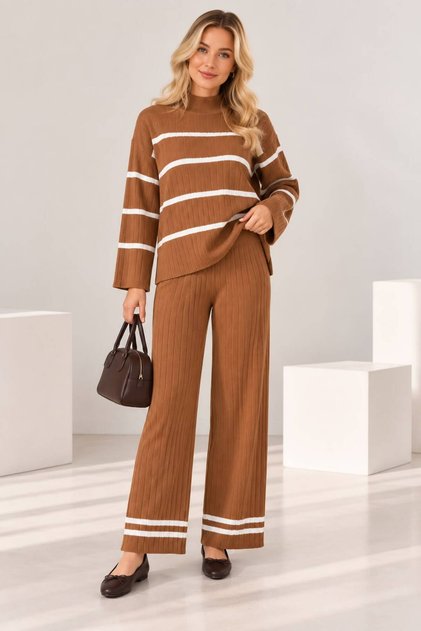 Women's comfortable fit knit set with striped detail - 2 piece
