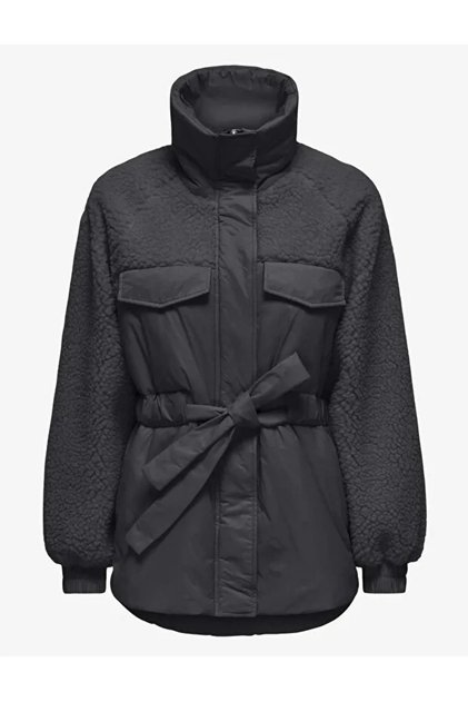 Women's Plush Coat with Stand Collar, Zipper, Belt at Waist, Pockets and Teddy Detail - Winter Jacket