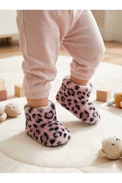 Leopar Desenli, Çocuk Ev Botu, Kaymaz Tabanlı, Bebek ve Çocuk, Dokumalı, Sıcacık Sevimli Patik-Panduf