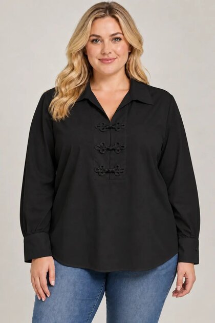 Women's Black Shirt Collar Pearl Accessory Special Button Detail Long Sleeve Blouse Hzl26S-Zss1145
