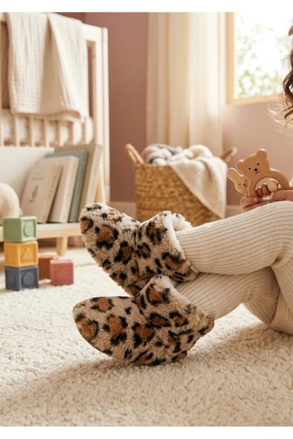 Leopar Desenli, Çocuk Ev Botu, Kaymaz Tabanlı, Bebek ve Çocuk, Dokumalı, Sıcacık Sevimli Patik-Panduf