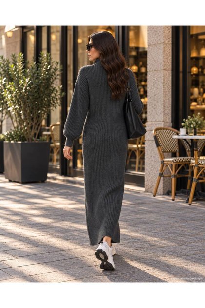 Women's Full Length Long Wool Knitwear Sweater with Zipper Detail 125 cm