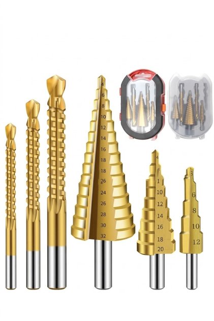 Set 6 Burghie HSS Titan, 3 Burghie Conice În Trepte Și 3 Burghie Elicoidale Pentru Metal, Prindere Hexagonală