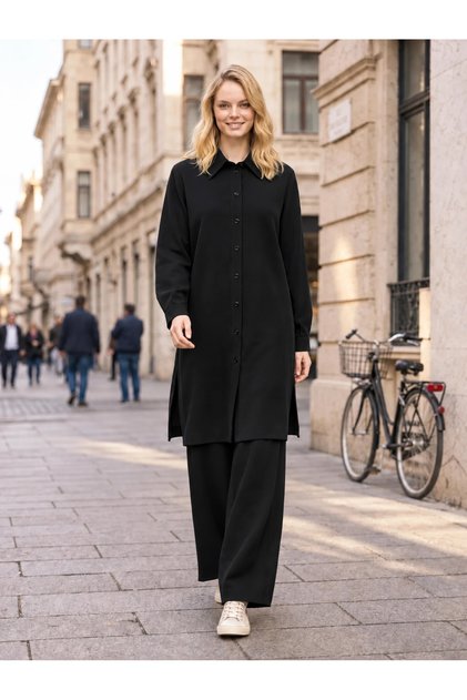 1096 Long Tunic Detail Self-Patterned Suit Black