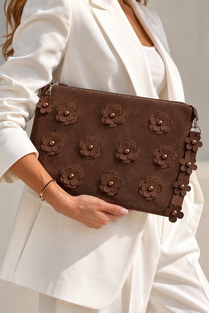 Alba Women's Suede Portfolio Bag 3D Floral Pearl Detailed Zippered Wrist Strap Clutch Handbag