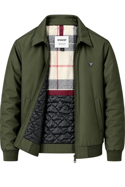 Erkek Yeşil Harrington Ceket – Üçgen Armalı, Ekose Astarlı, Ribanalı, Fermuarlı Premium Mont