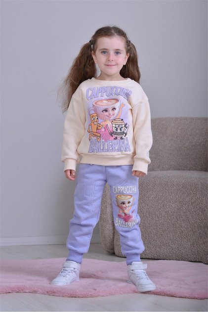 Girl's Patterned 3-Yarn Ruffled Elastic Leg Sweatpants Set - 3002