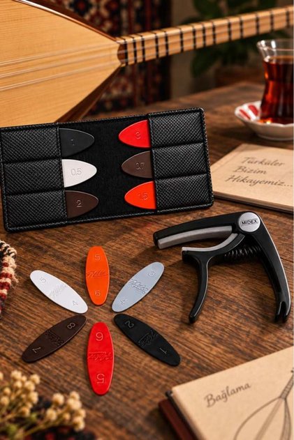 LCT-90BK-M Kaliteli Bağlama Capo (6 Renk Mızrap + Deri Mızrap Cüzdanı Seti)