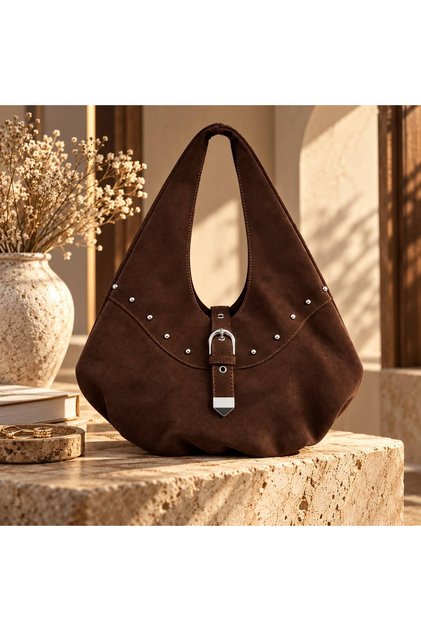 Acı Kahve Süet Kadın Metal Zımba Detaylı Kilit Aksesuarlı Büyük Boy Hobo Omuz Çantası
