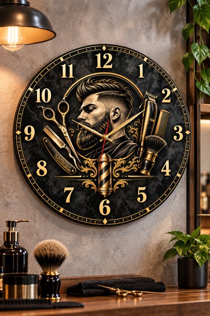 Berber Kuaför Temalı Duvar Saati 45 Cm Erkek Kuaförü Barber Shop UV Baskı Sessiz Akar Mekanizma 913
