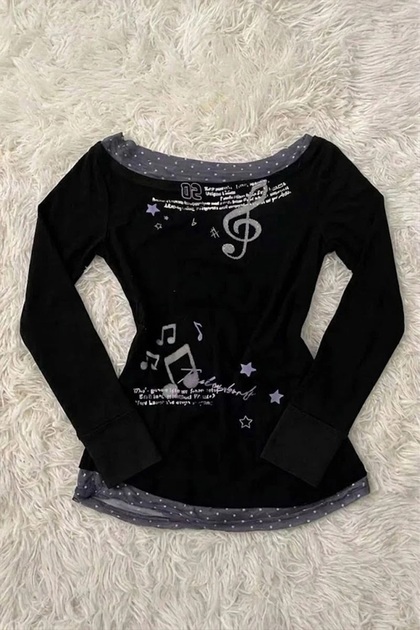 Black Melodi Anthracite Y2K Long Sleeve Crop Body with Additional Collar