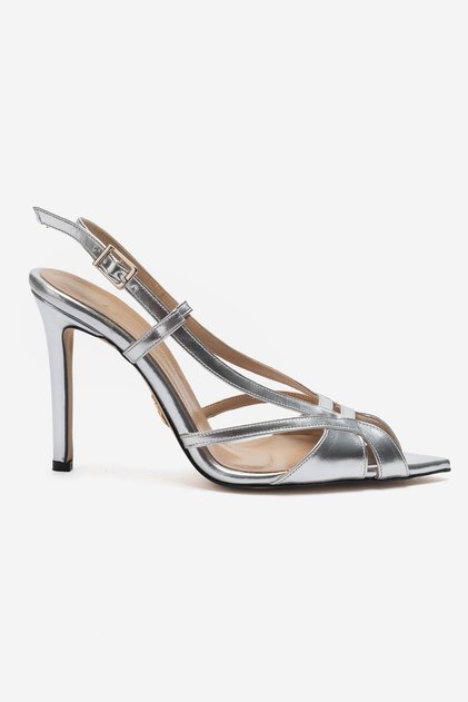 Gümüş Sultan Sivri Burun İnce Bantlı Slingback Yüksek Topuklu Sandalet Abiye Ayakkabı Elegant