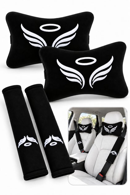 Angel Angel Wing Κεντημένο Μεταξένιο Βελούδινο Μαξιλάρι Λαιμού Αυτοκινήτου και Σετ Μαξιλαριών Ζώνης Ασφαλείας Μαύρο 4 Τεμάχια