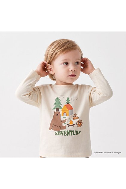 HelloBaby Erkek Bebek Tişört Ayı Baskılı Bisiklet Yaka Long Sleeve