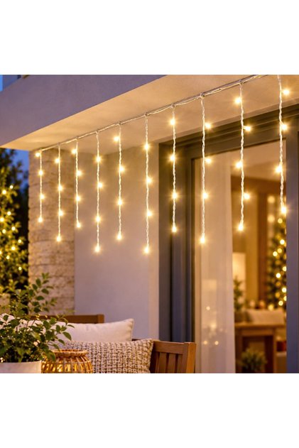 Instalatie luminoasa solara tip perdea, 200 LED-uri alb cald, 7 m, cu telecomanda si timer