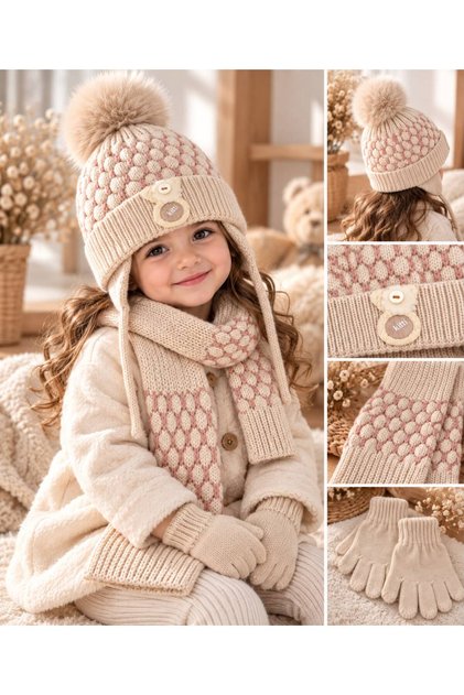 1-4 Years Old Baby Girl & Child Scarf, Beanie, Gloves 3-Piece Set