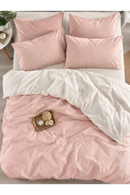 Lastikli Çarşaflı Somon Krem Nevresim Takımı Çift Kişilik Çift Taraflı 200x220