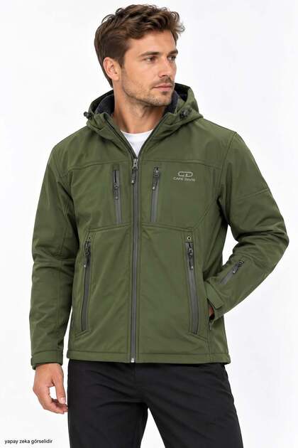 Men's Top Pocket Zippered Plush Lined Hooded Softshell Coat 161