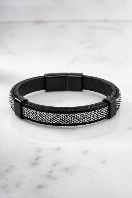 Chrome Plated Wicker Model Leather Detailed Men's Steel Bracelet