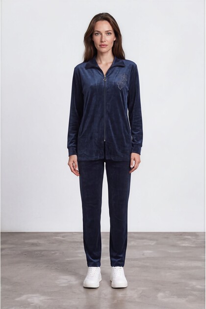 Embroidered Shawl Collar Velvet Tracksuit Set - Navy Blue