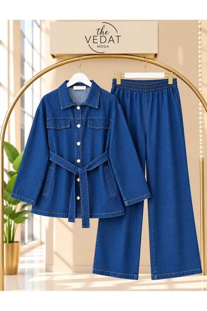 Women's Covered Waist Belted Jeans Set -0850
