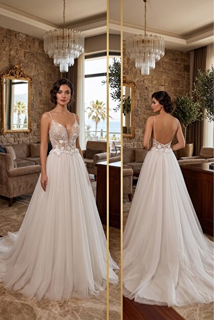 GELİNLİK 36BEDEN DANTEL TAŞ ÇİÇEK APLİK DETAYLI BALIK MODEL