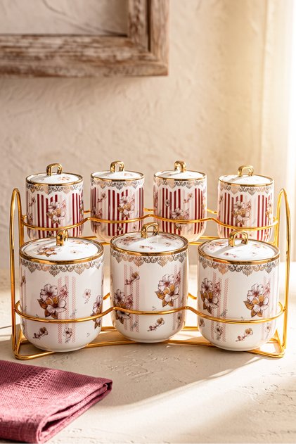 Cherry Blossom Porcelain 7-Piece Spice Jar Set with Stand