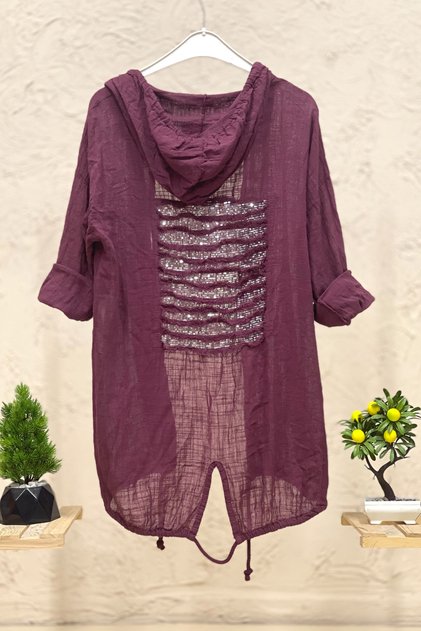 Hooded back tassel and sequin linen jacket