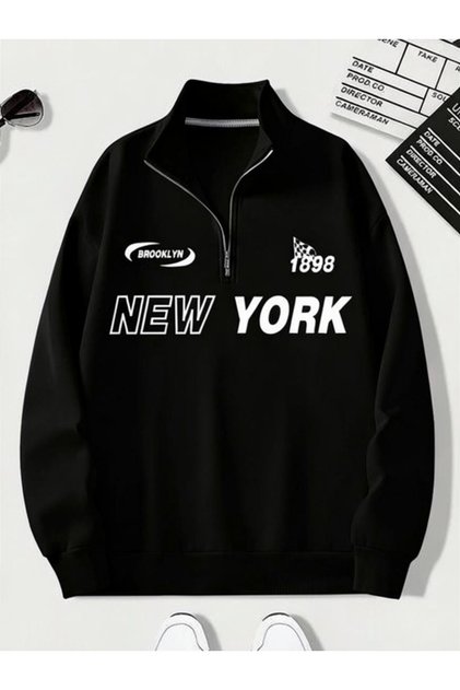 Unisex Women's - Men's New York Printed Half Zipper Oversize 3 Thread Sweatshirt