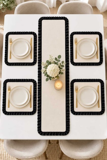4-Person Ruffled Runner Set – 4 Square Placemats, 5-Piece Stylish Table Set