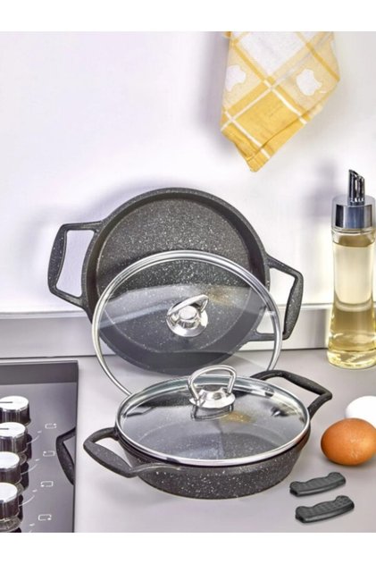 Döküm Granit Cam Kapaklı Sahan Seti 16 cm ve 18 cm
