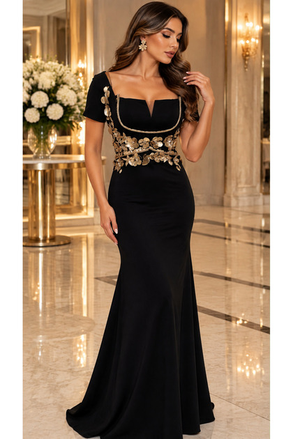 Oriana Black Luxurious Mermaid Dress with 3D Gold Embroidery for a Regal Look | | Habiha Fashion