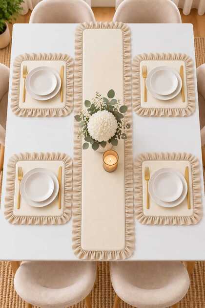 4-Person Ruffled Runner Set – 4 Square Placemats, 5-Piece Stylish Table Set