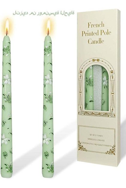 Set of 2 Printed Light Green White Flower Candles 10 Inch Handmade Unscented Drip Candles Exquisite