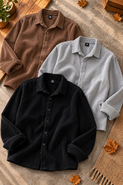 Men's 3-Piece Set Corduroy Shirt Winter Long Sleeve Buttoned Shirt Collar Comfortable Fit Basic Casual Sports Shirt