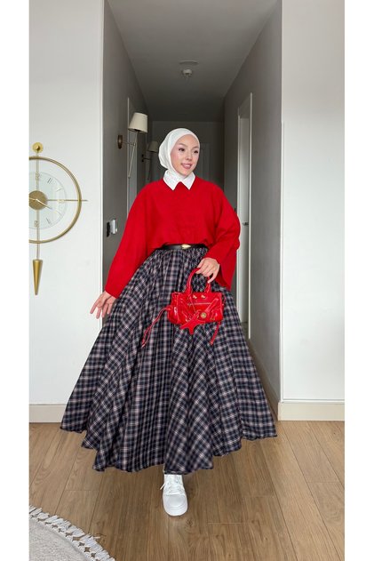 Yeni Sezon Kadın Duble Kloş Ekose Trend Etek Beli Lastikli