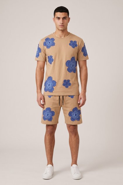 Men's Shorts T-Shirt Set Blue Floral Printed 100% Cotton Summer Top and Bottom Set - Brown