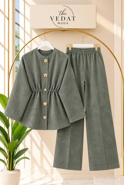 Kadın Süet Kumaş Bronş Detaylı Pantolon Takım -0650