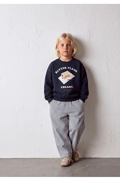 Butter Flaor Printed Sweatshirt and Striped Woven Trousers Boys' Top and Bottom Set