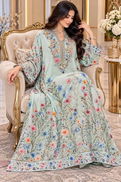 Elegant Robe in Jacquard Fabric in Abu Fussah, with a Chest Embroidered with Loul, Available in Four Colors.