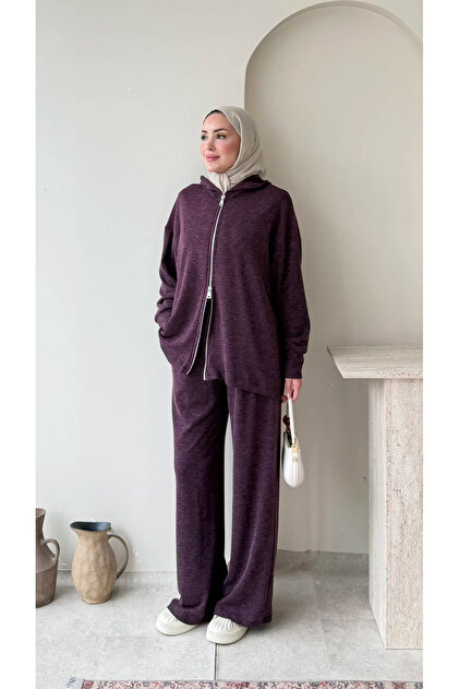 Women's Hooded Zipper Detailed Knitted Sweater Set - Plum