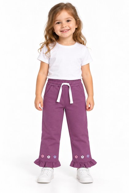 16010-26 Girls' Elastic Waist Lace-Up Floral Embroidered Ruffle Hem Pants 1–4 Years