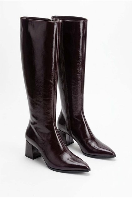 Women's Brown Winter Patent Leather Zippered Pointed Toe 7 cm Thick Heeled Long Below-Knee Boots Bolde