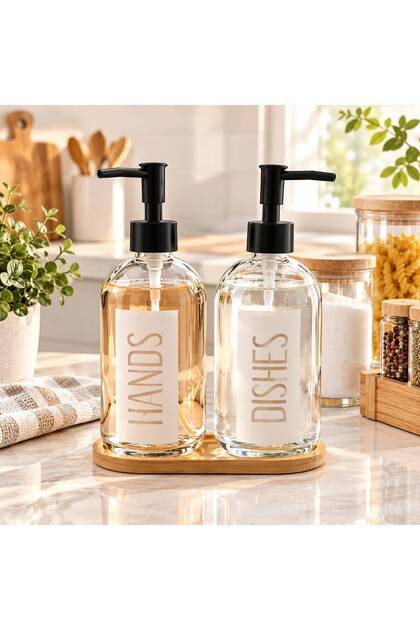 500 ml Transparent Glass Liquid Soap Dispenser with 2 Stands – Hands & Dishes, Hand Soap and Dishwashing Liquid Dispenser, Kitchen Bathroom