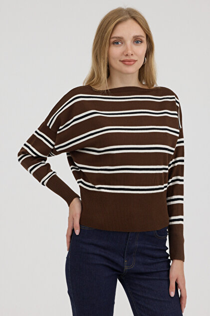 Women's Brown Boat Neck Striped Knit Sweater